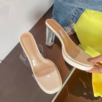 Summer Transparent Beige Street Wear Crystal Womens Sandals 2022 9 Cm Thick Heels Open Peep Toe Sandals High Heels
