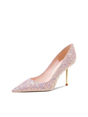 Glittrande Rodnande Rosa Paljetter Läder Brudskor 2024 8 Cm Stilettklackar Spetsiga Bröllop Pumps Högklackade