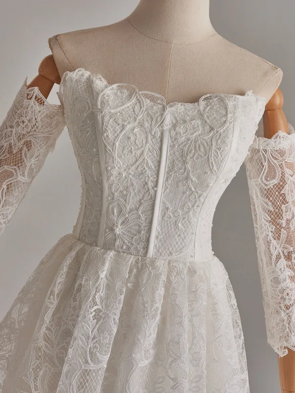 Modest / Simple White Lace Flower Pearl Wedding Dresses 2025 A-Line / Princess Off-The-Shoulder Long Sleeve Backless Floor-Length / Long
