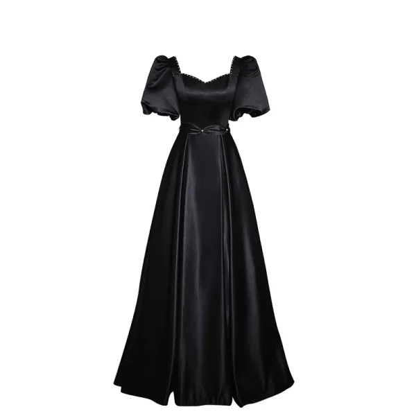 Elegant Black Satin Prom Dresses 2023 A-Line / Princess Pearl Square Neckline Puffy Short Sleeve Backless Floor-Length / Long Prom Formal Dresses