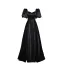 Elegant Black Satin Prom Dresses 2023 A-Line / Princess Pearl Square Neckline Puffy Short Sleeve Backless Floor-Length / Long Prom Formal Dresses