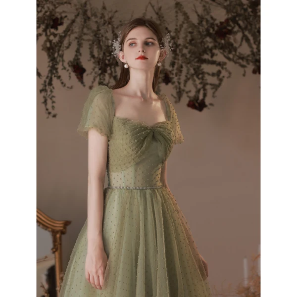 Modest / Simple Clover Green Spotted Prom Dresses 2023 A-Line / Princess Square Neckline Short Sleeve Backless Floor-Length / Long Prom Formal Dresses