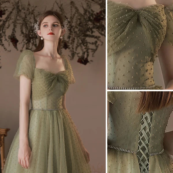 Modest / Simple Clover Green Spotted Prom Dresses 2023 A-Line / Princess Square Neckline Short Sleeve Backless Floor-Length / Long Prom Formal Dresses