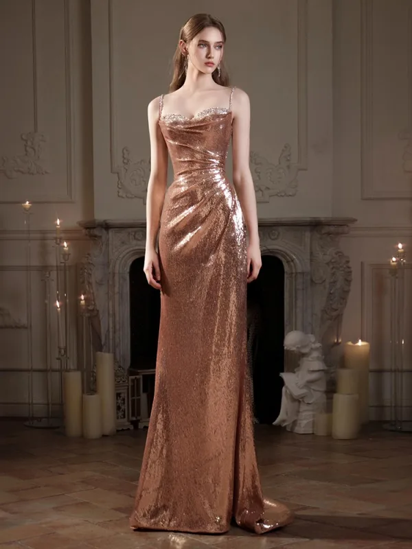 Charming Sexy Rose Gold Sequins Evening Dresses 2025 Trumpet / Mermaid Spaghetti Straps Puffy Short Sleeve Backless Sweep Train Evening Party Formal Dresses