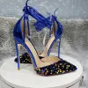 Charming Royal Blue Sequins Evening Party Womens Sandals 2022 12 cm Stiletto Heels Ankle Strap Pointed Toe Womens Shoes High Heels