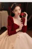 Elegant Burgundy Rhinestone Lace Flower Prom Dresses 2023 A-Line / Princess Square Neckline Long Sleeve Backless Floor-Length / Long Prom Formal Dresses