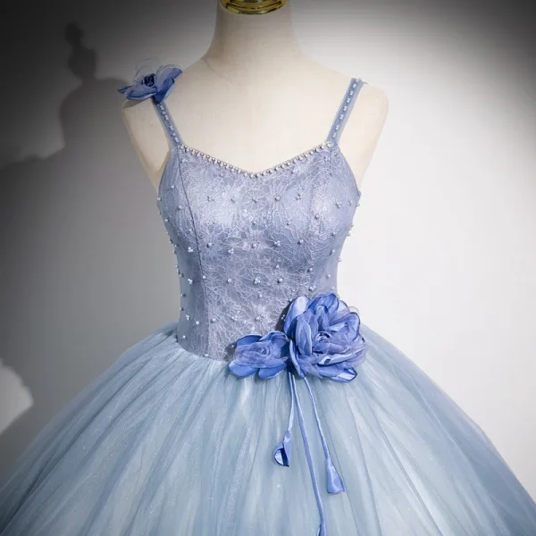Elegant Sky Blue Pearl Appliques Prom Dresses 2024 Ball Gown Spaghetti Straps Sleeveless Backless Floor-Length / Long Prom Formal Dresses