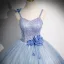 Elegant Sky Blue Pearl Appliques Prom Dresses 2024 Ball Gown Spaghetti Straps Sleeveless Backless Floor-Length / Long Prom Formal Dresses