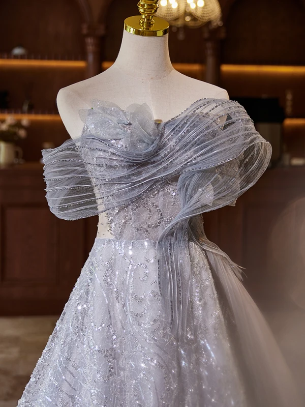 High-end Grey Beading Sequins Prom Dresses 2024 A-Line / Princess Off-The-Shoulder Sleeveless Backless Floor-Length / Long Prom Formal Dresses