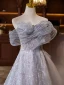High-end Grey Beading Sequins Prom Dresses 2024 A-Line / Princess Off-The-Shoulder Sleeveless Backless Floor-Length / Long Prom Formal Dresses