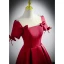 Elegant Burgundy Satin Prom Dresses 2022 A-Line / Princess Scoop Neck Short Sleeve Backless Bow Floor-Length / Long Formal Dresses