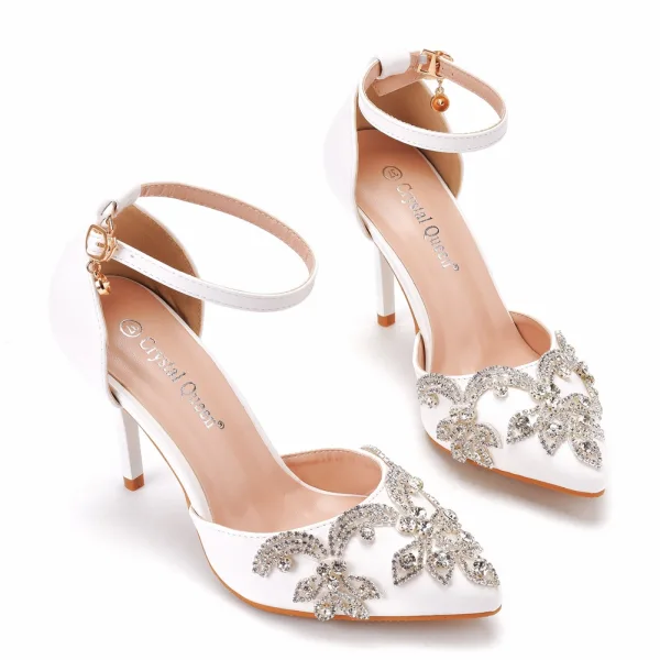 Schöne Weiß Strass Brautschuhe 2022 Knöchelriemen 9 cm Stilettos Spitzschuh Hochzeit Hochhackige