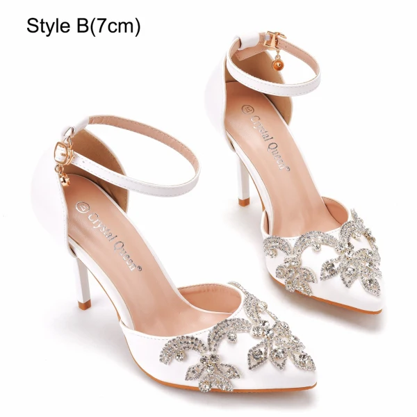 Sexy Weiß Strass Brautschuhe 2023 Knöchelriemen 9 cm Stilettos Spitzschuh Hochzeit Hochhackige