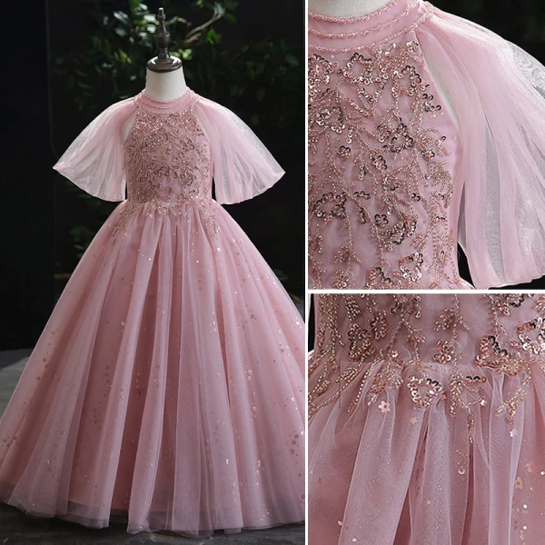 Chic / Beautiful Candy Pink Beading Sequins Prom Flower Girl Dresses 2022 Ball Gown Scoop Neck Puffy Short Sleeve Floor-Length / Long Flower Girl Dresses
