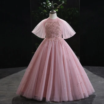 Chic Belle Rose Bonbon Perlage Paillettes Promo Robe Ceremonie Fille 2022 Robe Boule Encolure Dégagée Gonflée Manches Courtes Longue Robe Ceremonie Fille