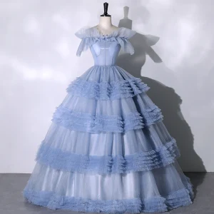 Chic Belle Bleu Ciel Volants En Cascade Robe De Bal 2023 Robe Boule De L Épaule Volants Manches Courtes Dos Nu Longue Promo Robe De Ceremonie