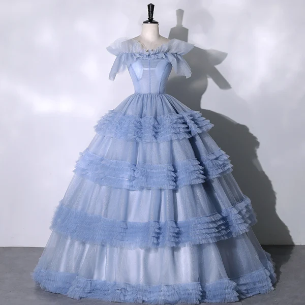 Chic / Beautiful Sky Blue Cascading Ruffles Prom Dresses 2023 Ball Gown Off-The-Shoulder Ruffle Short Sleeve Backless Floor-Length / Long Prom Formal Dresses