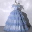 Chic / Beautiful Sky Blue Cascading Ruffles Prom Dresses 2023 Ball Gown Off-The-Shoulder Ruffle Short Sleeve Backless Floor-Length / Long Prom Formal Dresses