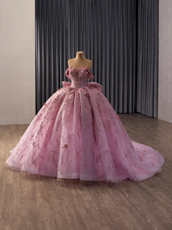 Luxury / Gorgeous Lovely Blushing Pink Pearl Sequins Appliques Prom Dresses 2026 Ball Gown Off-The-Shoulder Short Sleeve Backless Bow Chapel Train Formal Dresses