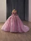 Luxury / Gorgeous Lovely Blushing Pink Pearl Sequins Appliques Prom Dresses 2026 Ball Gown Off-The-Shoulder Short Sleeve Backless Bow Chapel Train Formal Dresses