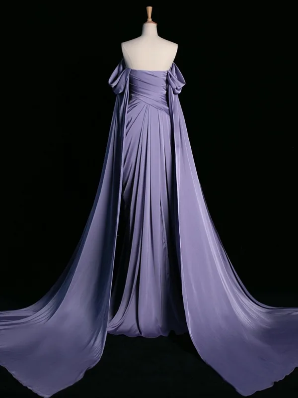 Sexy Lavender Satin Evening Dresses Prom Dresses 2024 Trumpet / Mermaid Off-The-Shoulder Sleeveless Backless Sweep Train Formal Dresses