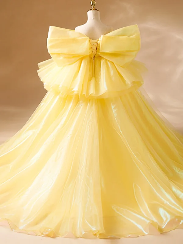 Fashion Yellow Beading Sequins Cascading Ruffles Birthday Flower Girl Dresses 2024 Ball Gown Scoop Neck Short Sleeve Backless Sweep Train