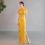 Vintage / Retro Chinese style Gold Lace Flower Split Front Cheongsam 2025 Trumpet / Mermaid High Neck Short Sleeve Floor-Length / Long Evening Party Cheongsam / Qipao