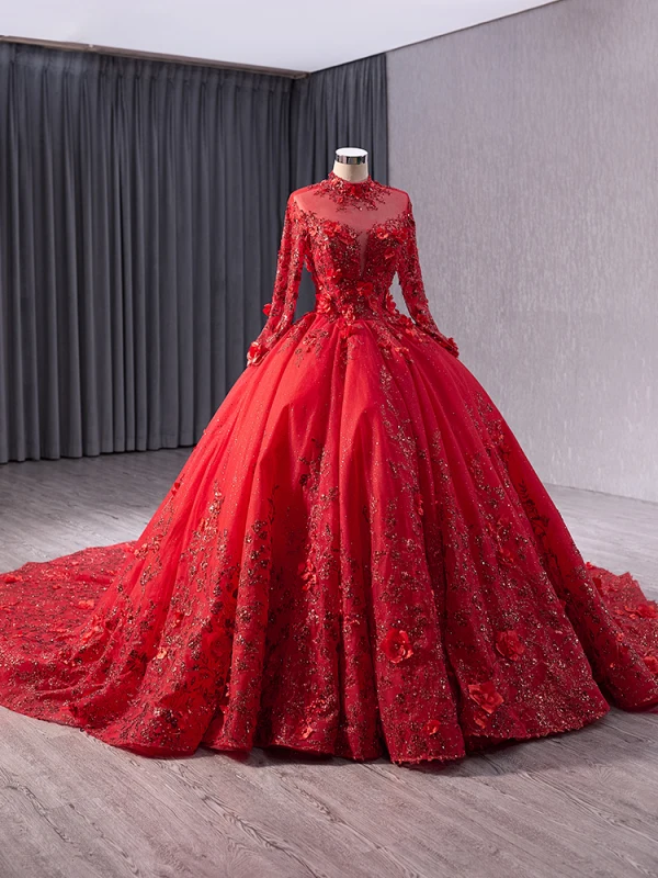 High-end Red Handmade  Beading Pearl Sequins Appliques Prom Dresses 2024 Ball Gown High Neck Long Sleeve Backless Chapel Train Prom Formal Dresses