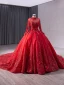 High-end Red Handmade  Beading Pearl Sequins Appliques Prom Dresses 2024 Ball Gown High Neck Long Sleeve Backless Chapel Train Prom Formal Dresses