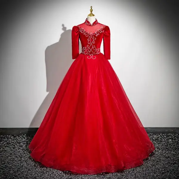 Vintage / Retro Burgundy Beading Prom Dresses 2025 Ball Gown High Neck 3/4 Sleeve Backless Floor-Length / Long Prom Formal Dresses