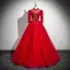 Vintage / Retro Burgundy Beading Prom Dresses 2025 Ball Gown High Neck 3/4 Sleeve Backless Floor-Length / Long Prom Formal Dresses