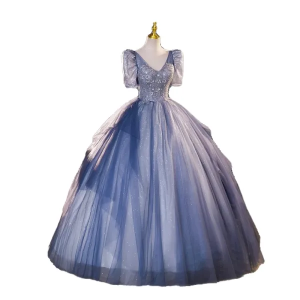 Bling Bling Elegant Ocean Blue Sequins Prom Dresses 2023 Ball Gown V-Neck Short Sleeve Backless Floor-Length / Long Prom Formal Dresses