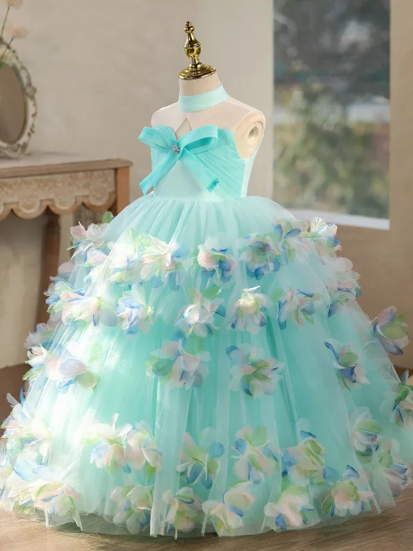 Flower Fairy Multi-Colors Appliques Bow Mint Green Birthday Flower Girl Dresses 2026 Ball Gown High Neck Sleeveless Backless Floor-Length / Long Tulle