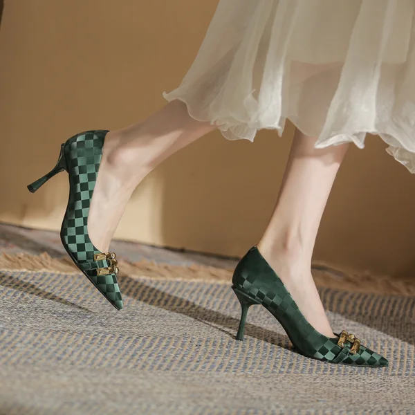 Mode Dunkelgrün Strassenmode Plaid Pumps 2022 8 cm Stilettos Spitzschuh Pumps Hochhackige