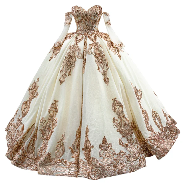 High End Glitzernden Champagner Pailletten Brautkleider / Hochzeitskleider 2022 Ballkleid Bandeau Kurze Ärmel Rückenfreies Lange Hochzeit
