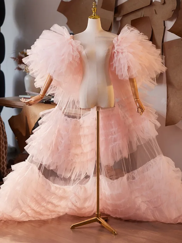 Mode Rougissant Rose Volants en Cascade Manches Courtes Promo châle 2025 Tulle