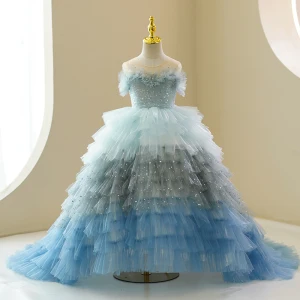 Mode Multi Couleurs Bleu Ciel Volants En Cascade Paillettes Anniversaire Robe Ceremonie Fille 2023 Robe Boule Encolure Dégagée Manches Courtes Tribunal Train Tulle