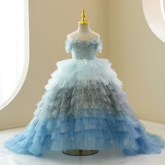 Mode Multi Couleurs Bleu Ciel Volants En Cascade Paillettes Anniversaire Robe Ceremonie Fille 2023 Robe Boule Encolure Dégagée Manches Courtes Tribunal Train Tulle