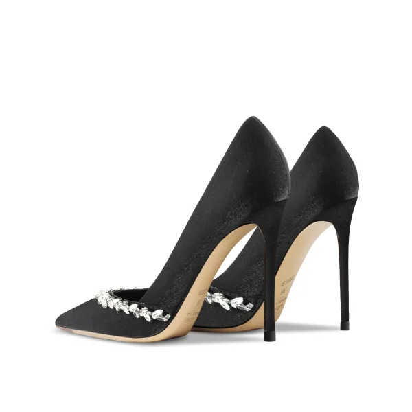 Fine Svart Aften Rhinestone Pumps 2024 Lær 10 cm Stiletthæler Spisse Pumps Høyhælte