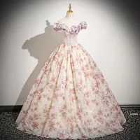 Elegante Rosa Drucken Ballkleider 2025 Ballkleid Rüschen Off Shoulder Ärmellos Rückenfreies Lange Ball Festliche Kleider