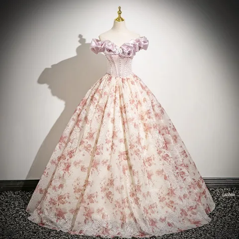 Elegante Rosa Drucken Ballkleider 2025 Ballkleid Rüschen Off Shoulder Ärmellos Rückenfreies Lange Ball Festliche Kleider