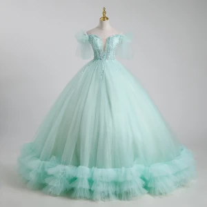 Elegant Sage Green Beading Pearl Sequins Prom Dresses Ball Gown 2023 Off The Shoulder Short Sleeve Backless Floor Length Long Prom Formal Dresses