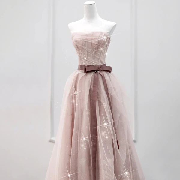 Schöne Rosa Pailletten Ballkleider 2023 A Linie Bandeau Ärmellos Rückenfreies Schleife Stoffgürtel Lange Festliche Kleider