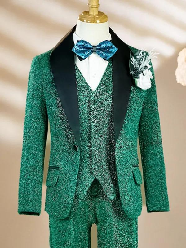 Fall Winter Glitter Dark Green Birthday Long Sleeve 6-piece Boys Wedding Suits 2025 Body Jewellery Coat Pants Shirt Tie Vest