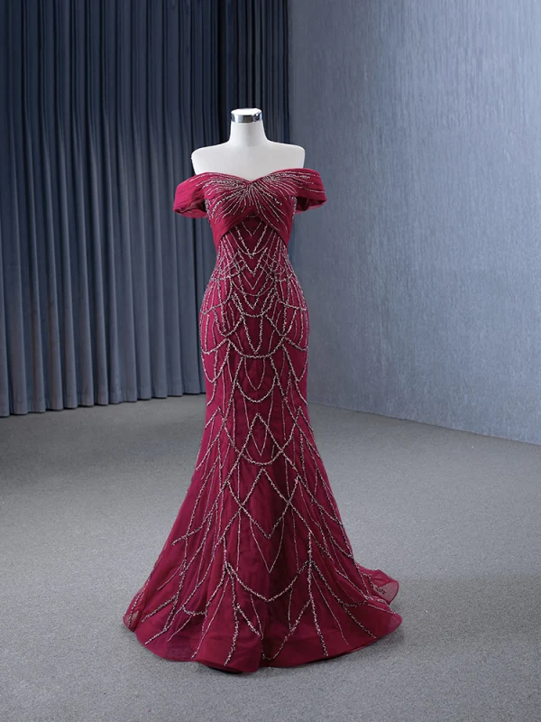 High-end Burgundy Handmade  Beading Evening Dresses 2024 Trumpet / Mermaid Off-The-Shoulder Short Sleeve Backless Court Train Evening Party Formal Dresses