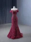 High-end Burgundy Handmade  Beading Evening Dresses 2024 Trumpet / Mermaid Off-The-Shoulder Short Sleeve Backless Court Train Evening Party Formal Dresses