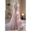 Flower Fairy Blushing Pink Appliques Sequins Prom Dresses 2023 A-Line / Princess V-Neck Sleeveless Backless Floor-Length / Long Prom Formal Dresses
