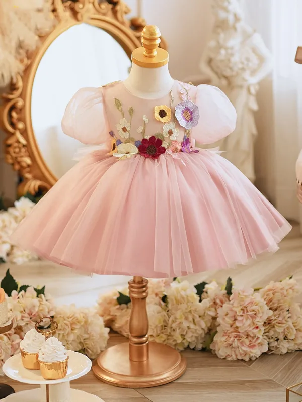 Chic / Beautiful Blushing Pink Short Lace Flower Bow Birthday Flower Girl Dresses 2024 Ball Gown Scoop Neck Short Sleeve Tulle