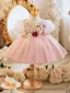 Chic / Beautiful Blushing Pink Short Lace Flower Bow Birthday Flower Girl Dresses 2024 Ball Gown Scoop Neck Short Sleeve Tulle