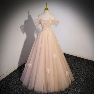 Fashion Champagne Appliques Sequins Prom Dresses 2023 A Line Princess Off The Shoulder Short Sleeve Backless Floor Length Long Formal Dresses